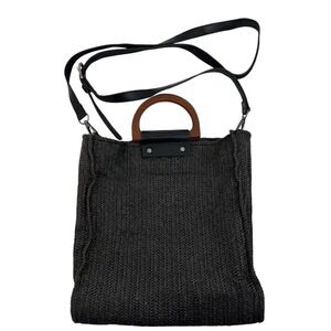 Most Wanted‎ MW Crossbody Bag Woven Style Wood Handle Bag Adjustable Strap Black